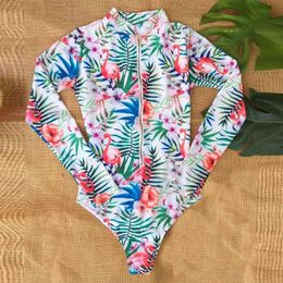 Tropical Swimsuit Long Sleeve Swimwear Women Bathing Suit Retro Zipper Front Surfing Swim Wear Monokini 210520
