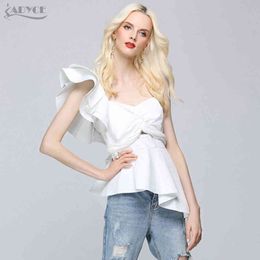 Fashion Summer Runway Tops Sexy White Women One Shoulder Ruffles Strapless Short Nightclub wear Crop Top 210423