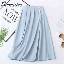 Fashion Cotton Summer Long Pleated Skirt Women Korean Style Mid-length High Waist Midi Female Blue 210421