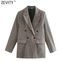 Zevity Women Vintage Plaid Print Double Breasted Blazer Coat Office Ladies Long Sleeve Outwear Suits Autumn Business Tops CT619 210603