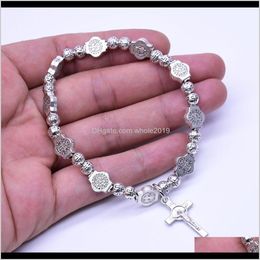 Beaded Strands Jewellery Drop Delivery 2021 Handmade Rosary Elasticated Metal Bracelet Round Rose Alloy Beads Catholic Saints Images Prayer Br