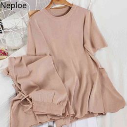 Neploe 2 Piece Set Women Solid Knitted O Neck Short Sleeve Tops+Lace Up Stretch High Waist Wide Leg Pants Fashion Casual Suits 210423