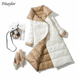 Fitaylor Winter Women Turtleneck White Duck Down Coat Double Breasted Warm Parkas Double Sided Down Long Jacket 210819