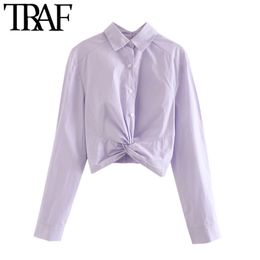 TRAF Women Fashion With Tied Back Button-up Cropped Blouses Vintage Lapel Collar Long Sleeve Female Shirts Chic Tops 210415