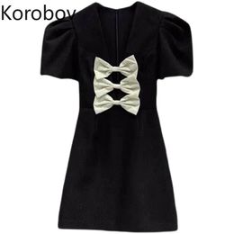 Korobov Korean Summer New Bow Patchwork Women Dress Office Lady V Neck Puff Sleeve Elegant Dresses A-Line Vestidos 210430
