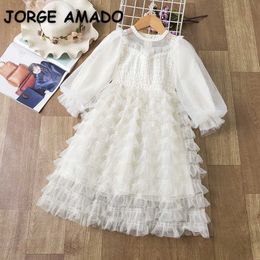 Spring Teenager Girls Dress Long Puff Sleeves Solid Colour Mesh Dresses Children Sweet Style Kids Clothes E2131 210610