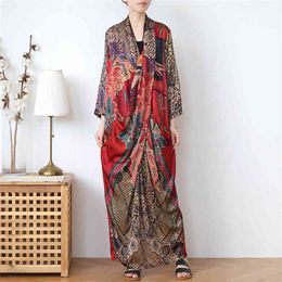 Johnature Women Autumn High Quality Dresses Vintage Print Floral Silk Dresses V-Neck Long Sleeve Female Loose Clothes 210521