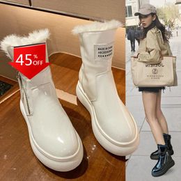 Boots Cotton Shoes Women Short White Bright Leather Flat Non-slip Plus Velvet Thick Warm Snow
