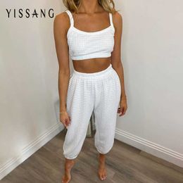 Yissang Cotton White Two Piece Clothing Sport Suit Set Women Strapless Tops And Long Pant Suits Tracksuit Lounge Wear Streetwear Y0625