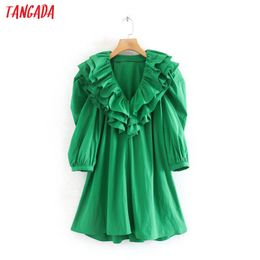 Fashion Women Ruffles Green Summer Short Sleeve V Neck Ladies Loose Mini Dress Vestidos 2W133 210416