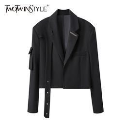Minimalist Patchwork Pocket Blazer For Women Notched Long Sleeve Casual Black Blazers Female Fashion Clothing 210524