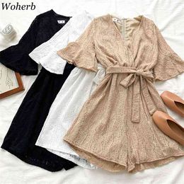Women Elegant Rompers Korean Solid Summer Short Sleeved with Belt V-neck Lace Jumpsuits Female Overalls Fashion Clothing 210519