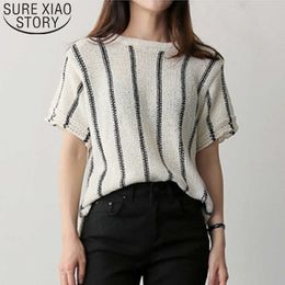 Summer O-Neck Striped Women shirt Simple Slim-Fit Knitted Short Sleeve Blouse Women All-match Fashion Tops 8789 210527