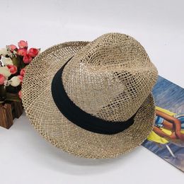 202105-fuchema8695 Summer Hand-knitted Natural Salt Grass Fedoras Hat Outdoor Men Women Leisure Panama Jazz Cap Wide Brim Hats
