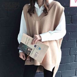 V Neck Pollover Knitted Sleeveless Oversized Warm Vest Autumn Winter Jumper Sweater Women Pull Femme 12239 210415