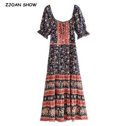 BOHO Bandage Adjust Collar Floral print Women Dress Holiday Short Sleeve off Shoulder Midi Dresses Beach 210429