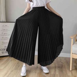 Fashion Summer Loose Pleated Chiffon Skirts Pants Women's Ninth High Waist Vertical Plus Size Skirt 90H 210420