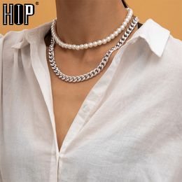 Hip Hop 2PCS Set Stainless Steel Cuban Necklace With Pearl Chain For Women Girls Jewellery