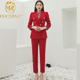 Fashion Office Lady Pant Suits Red 2 Piece Set For Women Double breasted Blazer & Pencil Pants Korean Business Autumn 210506