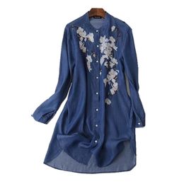 Casual Floral Embroidery Denim Dresses Ethnic Women O neck Long Sleeve Jeans Shirt Plus Size Vestidos Robe Femme 210429