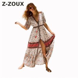 Women Dress Bohemia Print es Single Breasted V Neck Half Sleeve Long Loose Beach Plus Size 2XL 210513