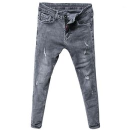 Men's Jeans Summer 2021 Trendy Washed Ripped Ankle Length Pants Light-colored Korean Style Slim-fit Teenagers Denim