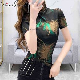 Cotton Tee Shirt Print Bottoming T Shirts Women Casual Short Sleeve Turtleneck Summer Tops Korean Hipster Tshirt S-3XL T03810B 210421