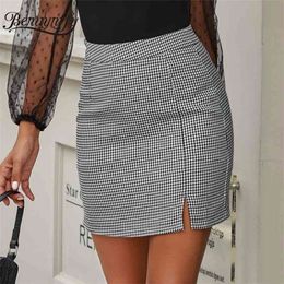 Women Summer Fashion Split Hem Bodycon Mini Skirts Plaid High Waist Elegant Office Lady Sexy A-Line Skirt 210510