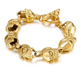 13mm 8.85'' 63g Gold Skull Link Chain Bracelet for Men 316L Stainless Steel Skeleton Bangle High Polished Gothic Punk