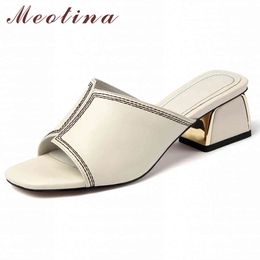 Women Shoes Summer Slippers Natural Cow Leather Block Heels Real Open Toe Sandals Ladies Slides Size 34-41 210517