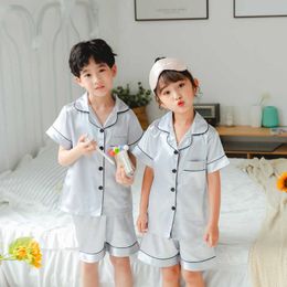 Good Quality Children's Clothing Homewear Summer Pyjamas Set Short Sleeve Kids Casual Silk Girls Sleepwear Satin Boy Pijama Suit 210908