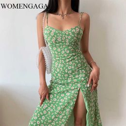 Green Sexy Split Dress Daisy Straps French Print Suspender Backless es QZ07 210603