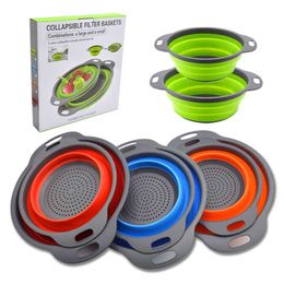 2pcs/Set Kitchen Tools Foldable Silicone Colander Fruit Vegetable Washing Basket Strainer Collapsible Drainer 211109