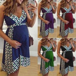 Pregnant Dress Woman Printed Sling Belt Sleeveless Clothes Plus Size Maternity V-Neck Dress Premama Clothing Maternity Dress Q0713