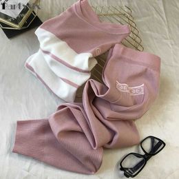 Summer Knitted Two-Piece Suit Women Patchwork Short Sleeve Knitwear T-Shirt And Slim Ankle-Length Pants Korean Fashion Sets Y0625