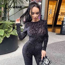 CNYISHE Long Sleeve Striped Print O-Neck Skinny Jumpsuits Spring Women Rompers Fashion Sexy Streetwear Lounge Wear Tops Overalls 210419