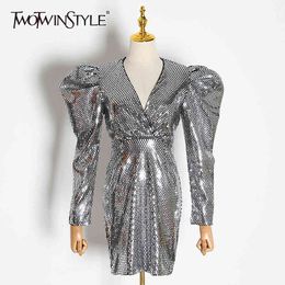 TWOTWINSTYLE Sequin Slim Dress For Women V Neck Puff Long Sleeve High Waist Mini Dresses Female Fashion Clothing Style 210517