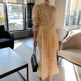 Korean Chic Flower Lace Women Long Sleeve Turtleneck Crochet Hollow Out Vintage Female Elegant Sashes Midi Dress 210416