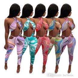 Sexy Sheer Yoga Pants Tracksuits Womens Designer Clothing 2023 Summer Fashion Halter Neck Print Bra Two Piece Pants Set