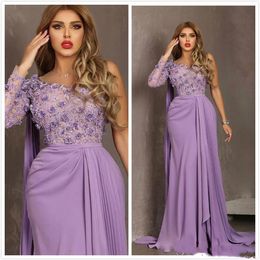 Pretty Lilac Flowers Mermaid Formal Evening Dresses One Shoulder 2021 Lace Floral Beads Long Pageant Gowns For Women Plus Size Prom Party Dress