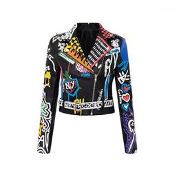 Frauen Jacken 2021 Leder Jacke Bunte Graffiti Print Biker Und Mäntel Punk Streetwear Damen Kleidung Tops Weibliche
