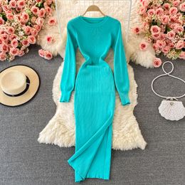 Autumn new design women's o-neck long sleeve candy Colour knitted bodycon tunic vent jag sexy sweater midi long dress