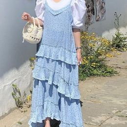 Korea Chic Casual Fashion V-neck Polka Dot Print Folds Ruffled High Waist Blue Suspender Dress Women Summer 16W1381 210510