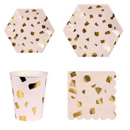 Disposable Dinnerware 40Pcs Pink Tableware Gold Foil Paper Cup Plate Straws Birthday Wedding Party Decor Kids Baby Shower Supplies
