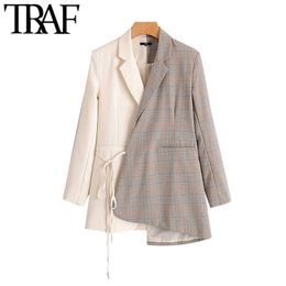 Women Fashion Patchwork Check Asymmetric Blazer Coat Vintage Long Sleeve Tied Belt Female Outerwear Chic Tops 210507