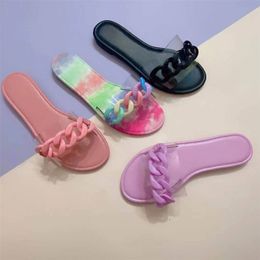 Sexy Transparent sandals women Printing Flowers Slippers Summer Open Toe Chain slides Flat Sandal Fashion Rainbow Flip Flops Outdoor Beach Casual shoes EU35-43 NO08