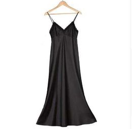 Silk Long Nightgown Spaghetti Strap Sleepdress Lace Sexy V Neck For Women Solid Nightdress Lady Lingerie 210924