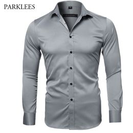 Gray Elastic Bamboo Fiber Shirt Men Brand Long Sleeve Mens Dress Shirts Non Iron Easy Care Business Work Chemise Homme XXL 210809