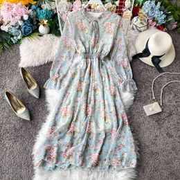 Female Spring Summer Chiffon Floral Print Sweet Dress High Waist Petal Sleeve Long Fairy 210520