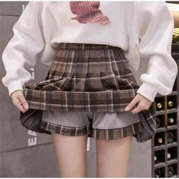 Women's Plaid Pleated Woollen A-line Mini Skirt High Waist With Lining Female Short Skirts Winter Autumn Girls Preppy Style 210619